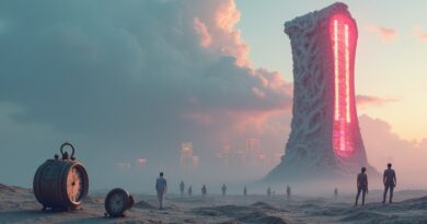 Futurystyczny superkomputer na opustoszałej równinie, zegary, rozmyte sylwetki, neonowe światło – technologiczny triumf i społeczny niepokój.