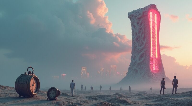 Futurystyczny superkomputer na opustoszałej równinie, zegary, rozmyte sylwetki, neonowe światło – technologiczny triumf i społeczny niepokój.