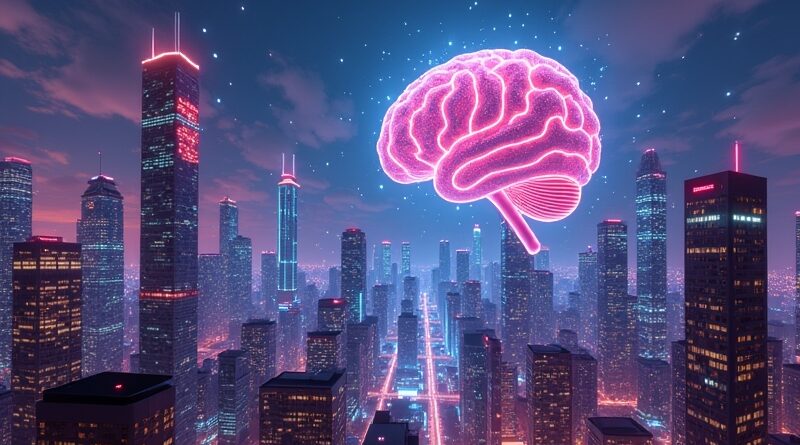 Neonowa metropolia z ikon aplikacji jako drapaczami chmur, z pulsującym mózgiem AI w tle.
