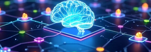 Abstrakcyjna sieć low-poly węzłów Roblox połączonych światłem, z AI pulsującym w centrum. Innowacja i kreatywność.