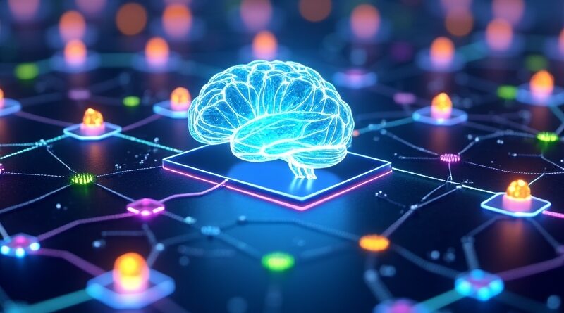 Abstrakcyjna sieć low-poly węzłów Roblox połączonych światłem, z AI pulsującym w centrum. Innowacja i kreatywność.