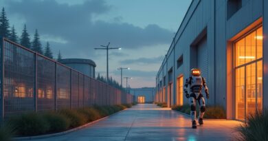 Futurystyczny robot stróżuje w zakładzie. AI w metalicznej scenerii.