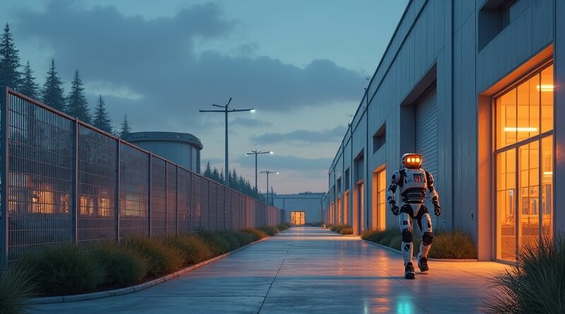 Futurystyczny robot stróżuje w zakładzie. AI w metalicznej scenerii.