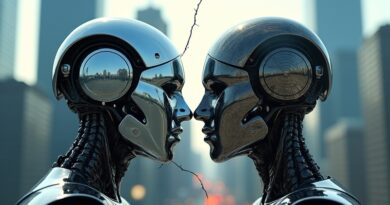 Pęknięte lustro odbija zniekształcone robotyczne i ludzkie twarze na tle drapaczy chmur.