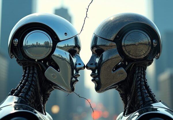 Pęknięte lustro odbija zniekształcone robotyczne i ludzkie twarze na tle drapaczy chmur.