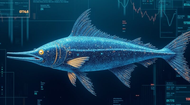Abstrakcyjny Marlin z danych i kodu, pływający w oceanie wykresów finansowych – symbol Sakana AI.