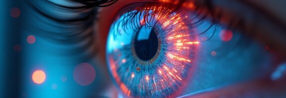 Futurystyczny skan tęczówki odbijający interfejs randkowy, symbolizujący walkę z botami dzięki biometrii.