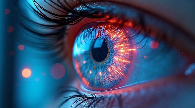 Futurystyczny skan tęczówki odbijający interfejs randkowy, symbolizujący walkę z botami dzięki biometrii.