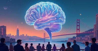 Surrealistyczna wizja San Francisco: AI, VC, innowacje, zmierzch, kolory: niebieski, pomarańczowy, fioletowy, styl Eyvind Earle.