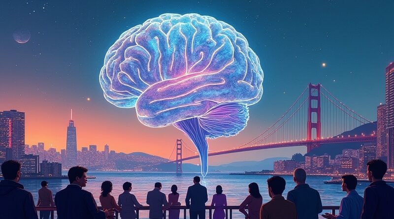 Surrealistyczna wizja San Francisco: AI, VC, innowacje, zmierzch, kolory: niebieski, pomarańczowy, fioletowy, styl Eyvind Earle.
