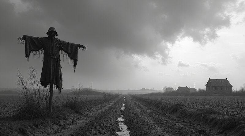Opuszczony krajobraz z strachem na wróble, oddający melancholię i rozpad w stylu filmów Béla Tarra.