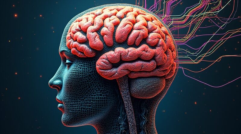 Płyta drukowana surrealistycznie wtapia się w mózg, symbolizując demokratyzację projektowania elektroniki przez AI.