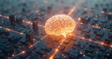 Abstrakcyjna wizja miasta danych Scotiabank, symbolizująca Scotia Intelligence i bezpieczną integrację AI.