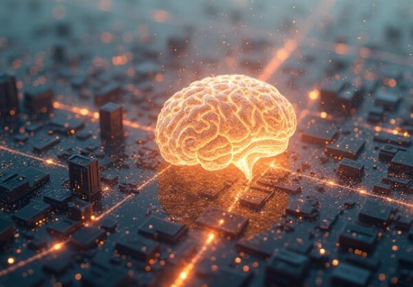 Abstrakcyjna wizja miasta danych Scotiabank, symbolizująca Scotia Intelligence i bezpieczną integrację AI.