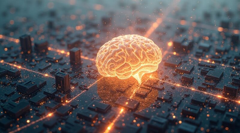 Abstrakcyjna wizja miasta danych Scotiabank, symbolizująca Scotia Intelligence i bezpieczną integrację AI.