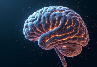 Abstrakcyjny cyfrowy mózg spleciony ze schematami inżynieryjnymi, świecące obwody przypominają ścieżki neuronowe.