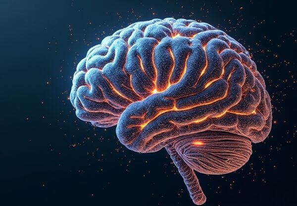 Abstrakcyjny cyfrowy mózg spleciony ze schematami inżynieryjnymi, świecące obwody przypominają ścieżki neuronowe.