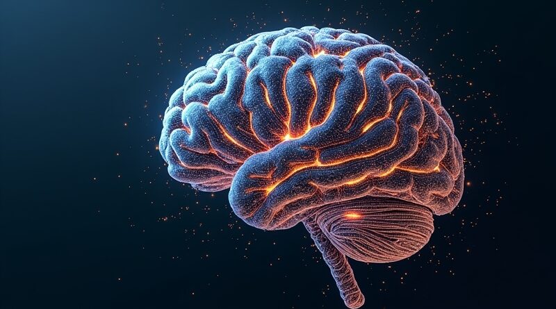 Abstrakcyjny cyfrowy mózg spleciony ze schematami inżynieryjnymi, świecące obwody przypominają ścieżki neuronowe.