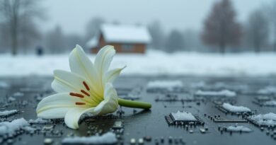 Zwiędła biała lilia na tle płyty głównej, w oddali ośnieżone miasteczko. Symbol skruchy i technologicznej porażki.