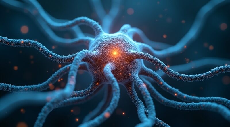 Neuron w sieci połączeń międzyludzkich, symbolizujący cyfrowy sobowtór i relacje AI-człowiek.