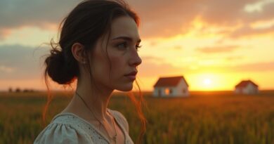 Portret młodej kobiety w stylu amerykańskim na tle farmy, symbol AI-influencerów promujących Trumpa.