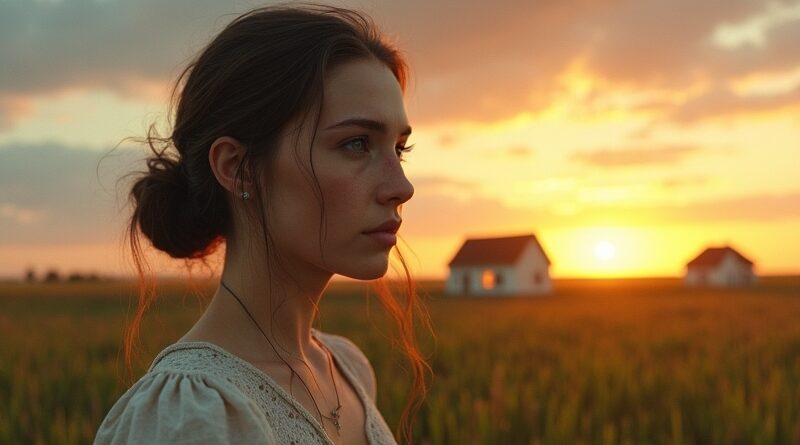 Portret młodej kobiety w stylu amerykańskim na tle farmy, symbol AI-influencerów promujących Trumpa.