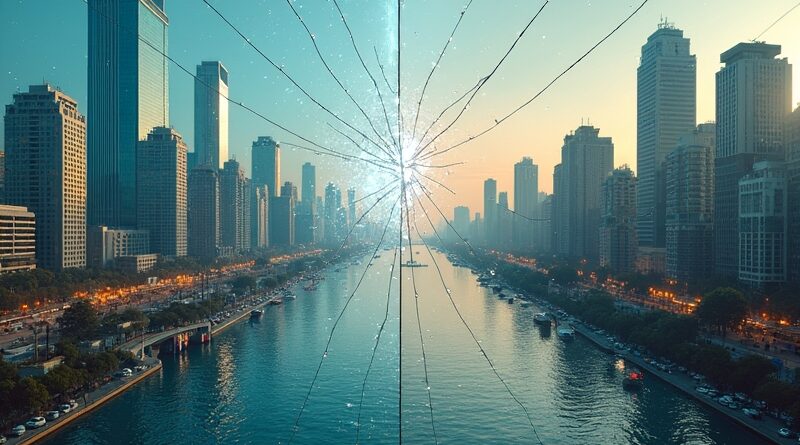 Rozdarte miasto: futurystyczna technopolia kontra pełne lęku ekonomicznego slumsy, odzwierciedlające rozłam percepcji AI.