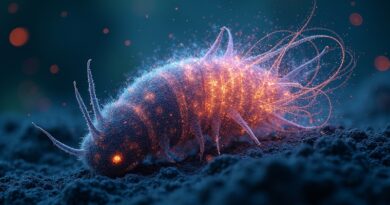 Bioluminescencyjny kokon rozwija się, ujawniając kod i język, symbolizując transformację komunikacji przez AI w Telegramie.