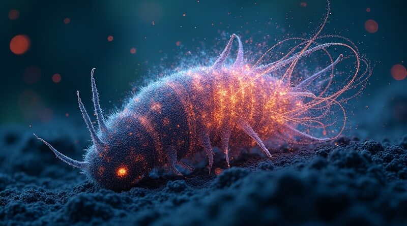 Bioluminescencyjny kokon rozwija się, ujawniając kod i język, symbolizując transformację komunikacji przez AI w Telegramie.