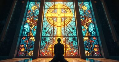 Witraż: algorytmy splecione z symbolami religijnymi, promieniejące światło, AI w kontemplacji.