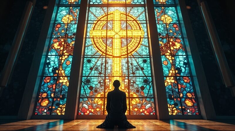 Witraż: algorytmy splecione z symbolami religijnymi, promieniejące światło, AI w kontemplacji.