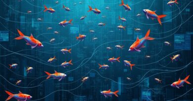 Ławica iryzujących ryb-agentów AI płynie w sieci światłowodów symbolizującej unifikację infrastruktury.