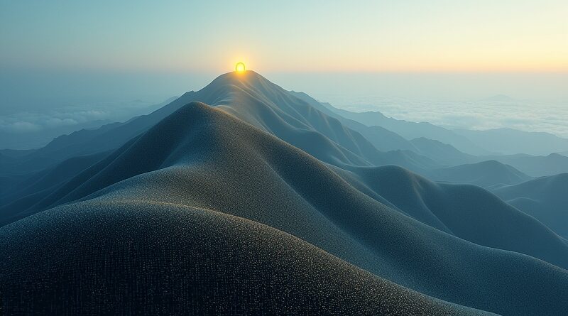 Abstrakcyjny krajobraz Doliny Krzemowej z binarnych wzgórz z "złotym tokenem" na szczycie.