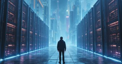 Surrealistyczny krajobraz serwerowni jak monumentalne rzeźby. Człowiek kontempluje cyfrowe miasto, balans postępu i konsumpcji.