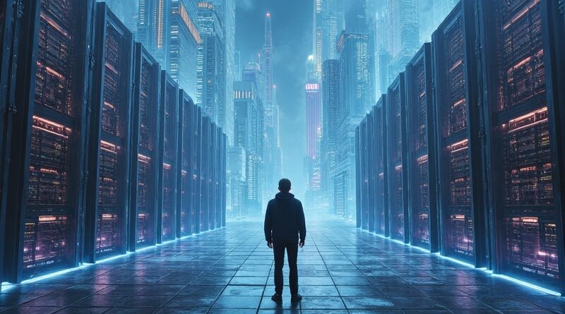Surrealistyczny krajobraz serwerowni jak monumentalne rzeźby. Człowiek kontempluje cyfrowe miasto, balans postępu i konsumpcji.