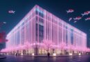 Tokio Big Sight nocą, futurystyczne neony. Hologram kwitnącej wiśni i latające pojazdy koi.