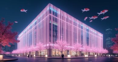 Tokio Big Sight nocą, futurystyczne neony. Hologram kwitnącej wiśni i latające pojazdy koi.