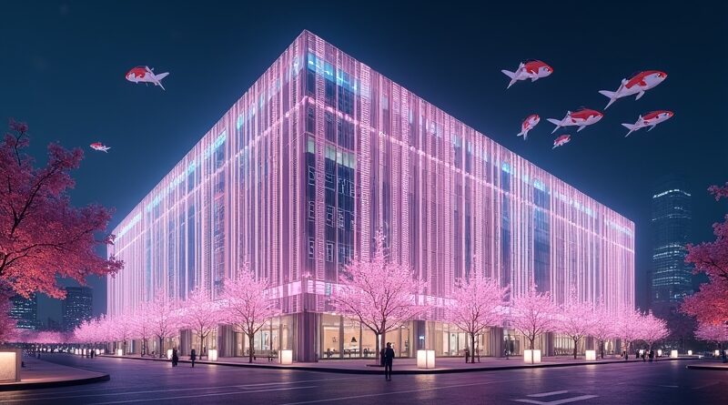 Tokio Big Sight nocą, futurystyczne neony. Hologram kwitnącej wiśni i latające pojazdy koi.