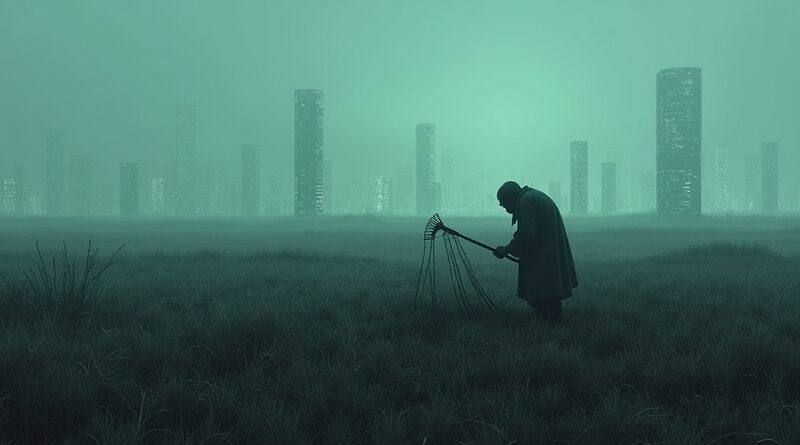 Zniechęcony pasterz przeczesuje cyfrową pustynię kodu, symbolizując upadek jakości oprogramowania przez AI.