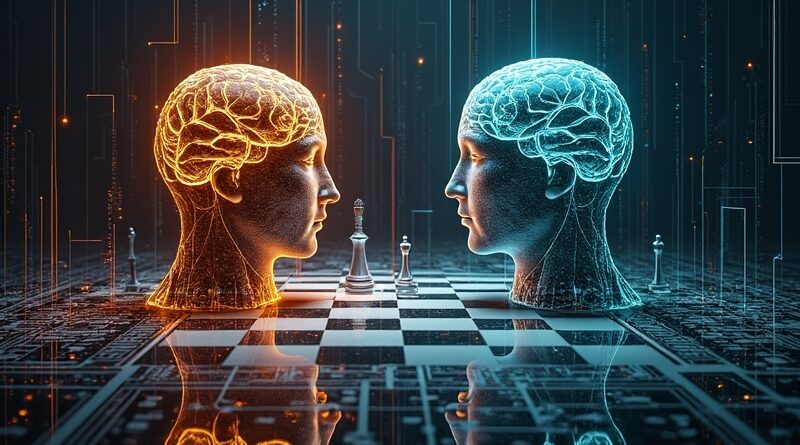 Szachowa rozgrywka Meta vs Thinking Machines Lab na tle płyty głównej. Przegrywająca Meta, triumf startupu.