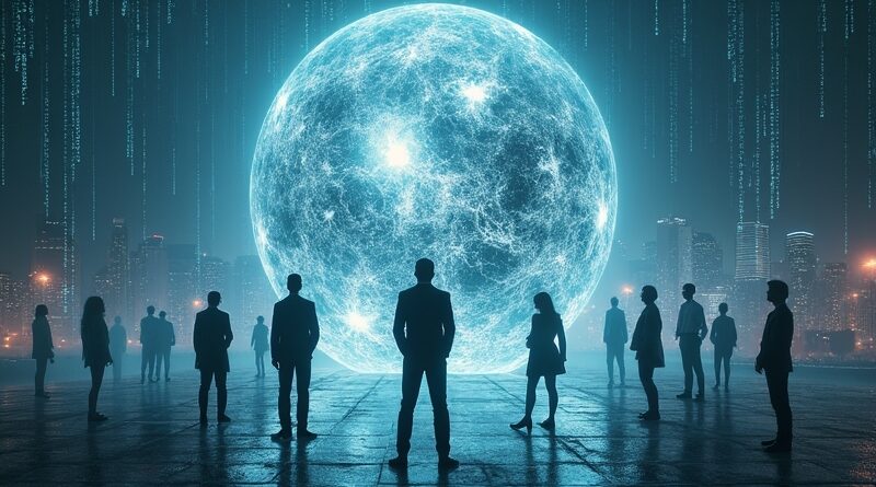 Kryształowa kula reaktora jądrowego, tło miasta, sylwetki menedżerów znikające w kodzie.