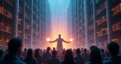 Biblioteka cyfrowa. ChatGPT oferuje film. Siluety widzów w blasku opowieści. Tubi w ChatGPT.