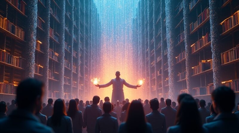 Biblioteka cyfrowa. ChatGPT oferuje film. Siluety widzów w blasku opowieści. Tubi w ChatGPT.