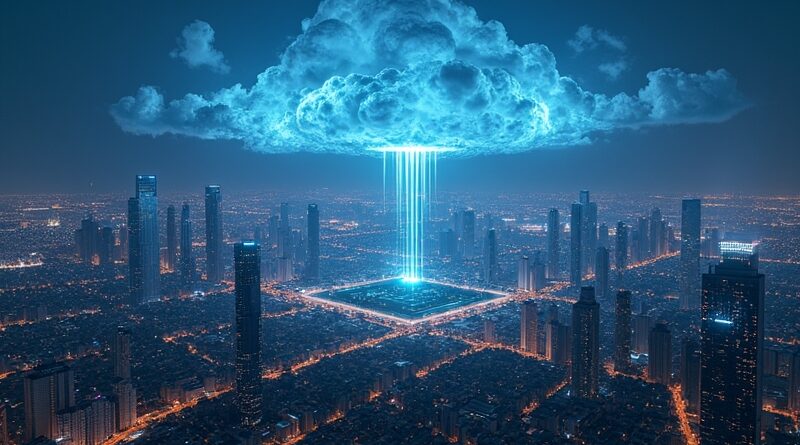 Futurystyczne miasto nocą, neonowe światła, autonomiczne pojazdy. Nad miastem chmura w kształcie chipu.