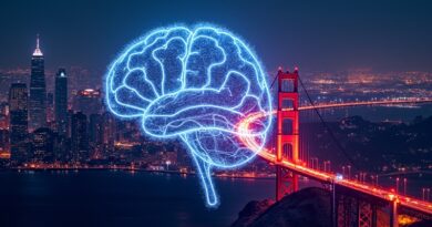 Neonowa wizja San Francisco w mózgu AI. Glowing Uber przeplatają się w cyfrowych ulicach.