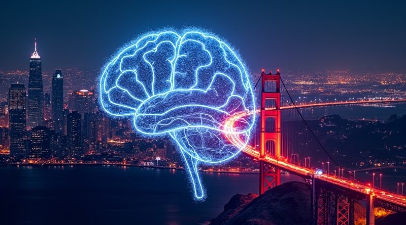 Neonowa wizja San Francisco w mózgu AI. Glowing Uber przeplatają się w cyfrowych ulicach.