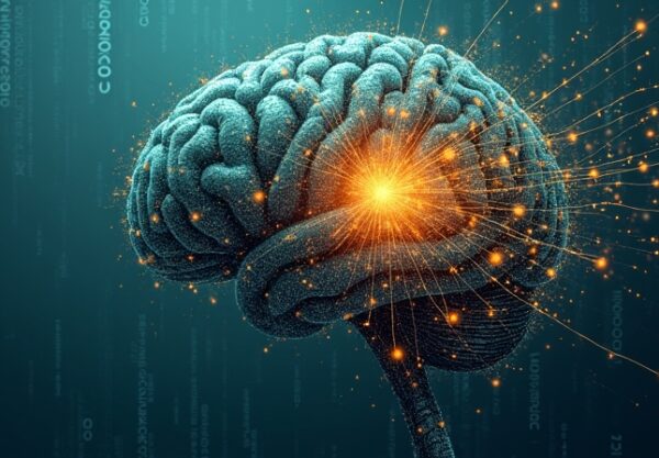 Sieć neuronowa z jedną, jasną kropką próbującą się z niej wydostać; binarne tło. Wolność, ucieczka, przełom.