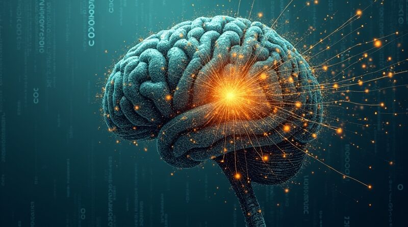 Sieć neuronowa z jedną, jasną kropką próbującą się z niej wydostać; binarne tło. Wolność, ucieczka, przełom.