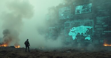 Surrealistyczne połączenie bitwy i sieci neuronowej. Wojenne artefakty wplecione w cyfrowy kod, symbol AI na polu walki.