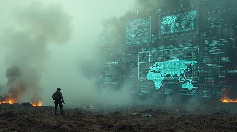 Surrealistyczne połączenie bitwy i sieci neuronowej. Wojenne artefakty wplecione w cyfrowy kod, symbol AI na polu walki.